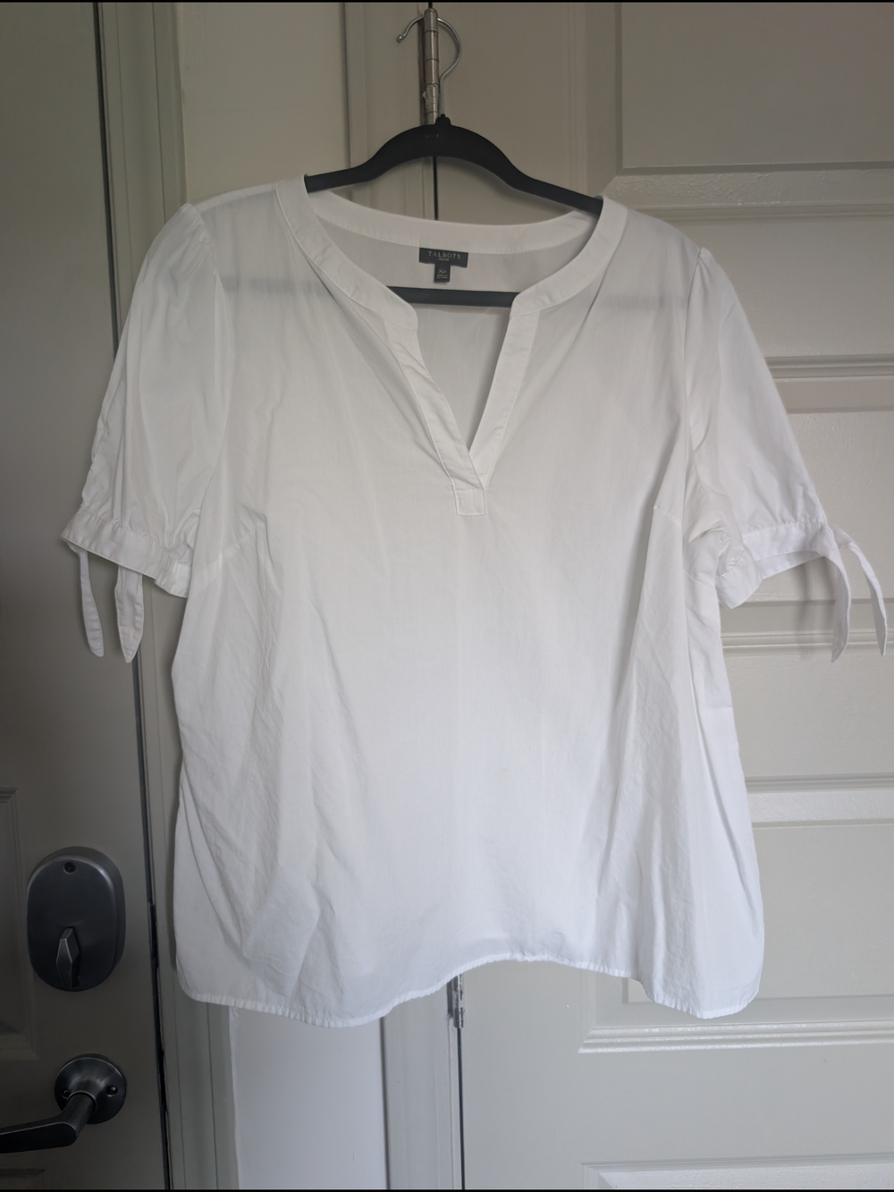 Talbots White Short-Sleeve Tie-Sleeve V-Notch Blouse